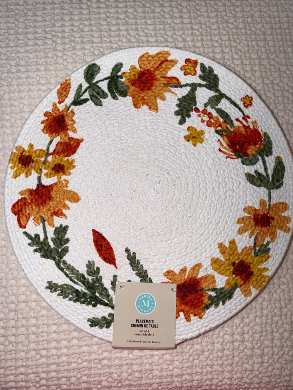 Martha Stewart Round Placements (4) Cotton Woven Yellow Orange Gold Daisies